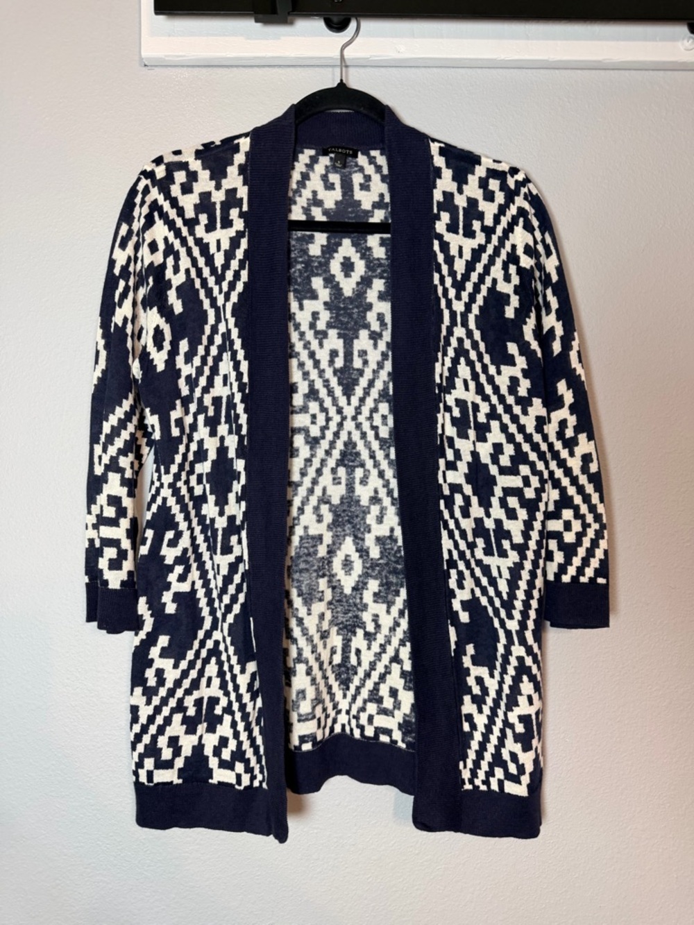 Talbots Linen Blend Open Front Cardigan Sweater Small Navy White Aztec Pattern
